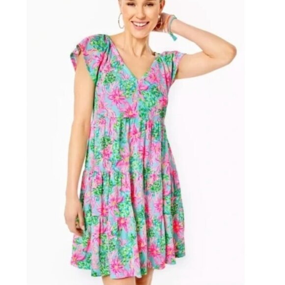 Lilly Pulitzer Geanna Dress Large Surf Blue So Shellegant Pockets EUC - Picture 2 of 13